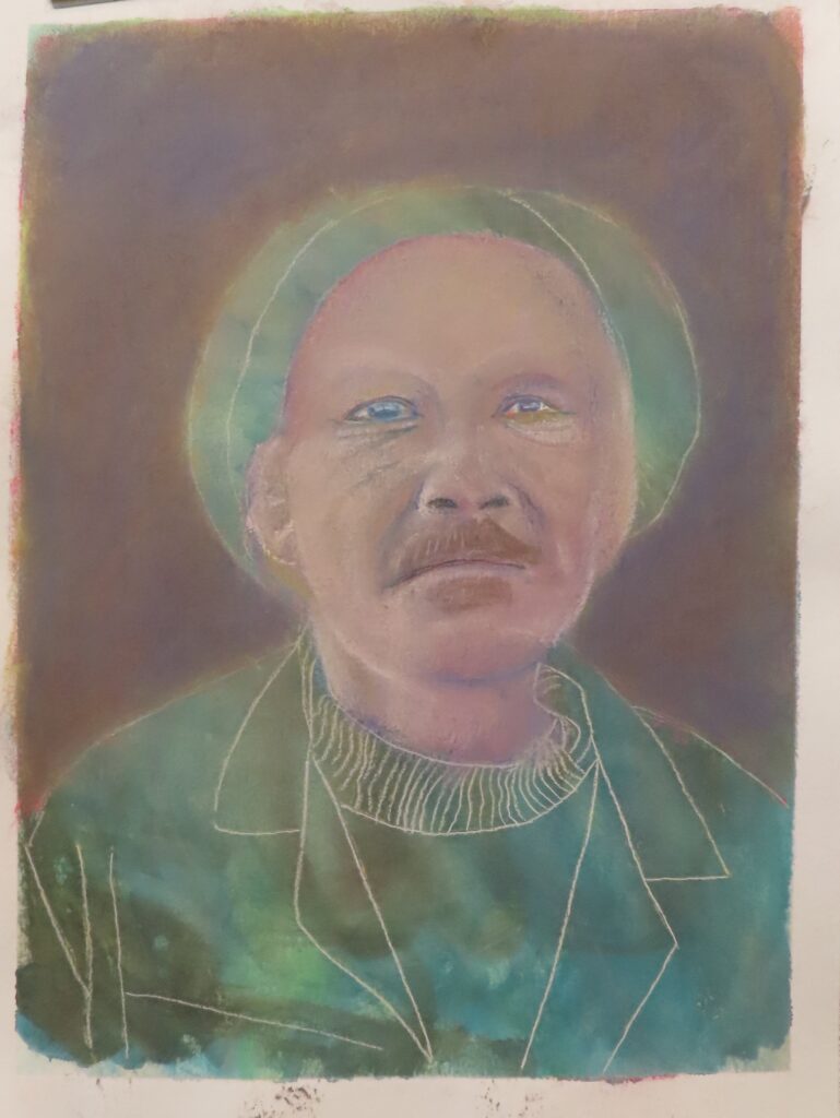 a painting of a man staring directly at the viewer, dressed in green.