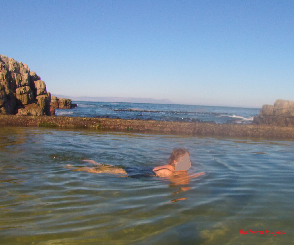 A woman swimming along the length of the low wall.